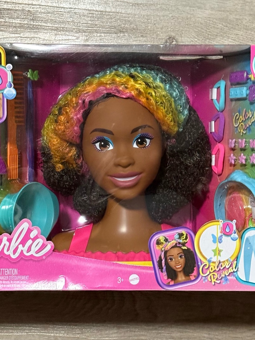 Barbie Totally Hair Neon Rainbow Deluxe Styling Head Color Reveal Accs. New